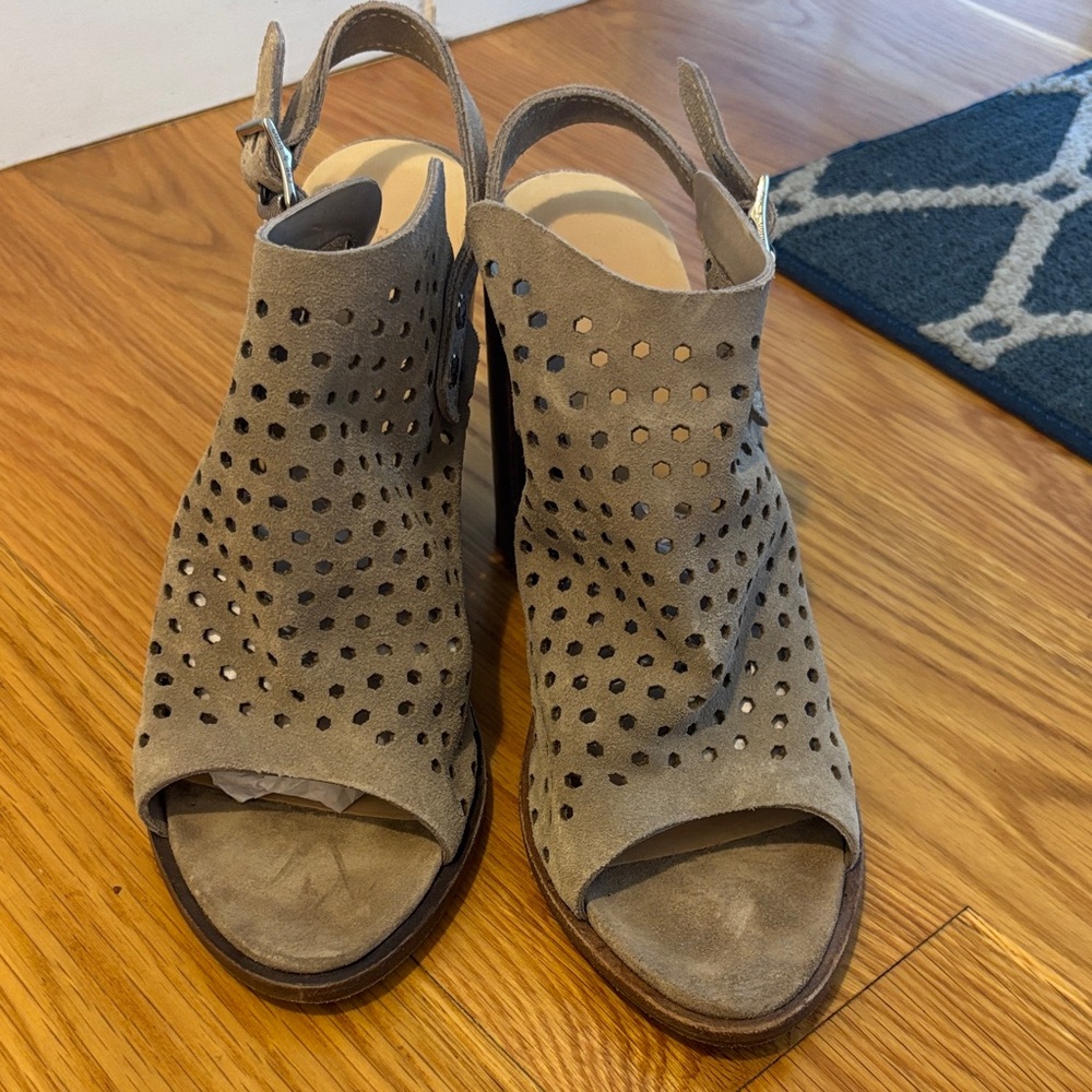 rag & bone Taupe Suede Perforated Peep-Toe Slingback Mules